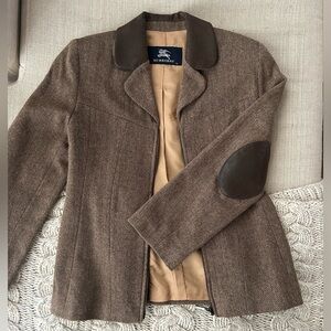 Burberry Brown Herringbone Blazer with Leather Collar